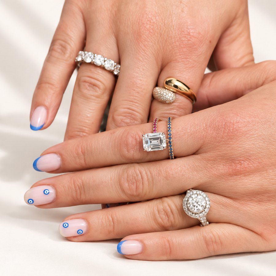 Emerald-cut and halo diamond rings