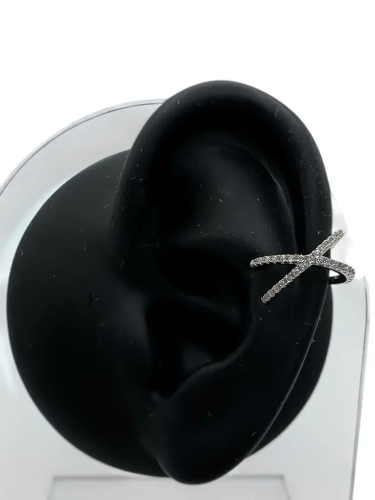 White Gold Crisscross Crystal Ear Cuff