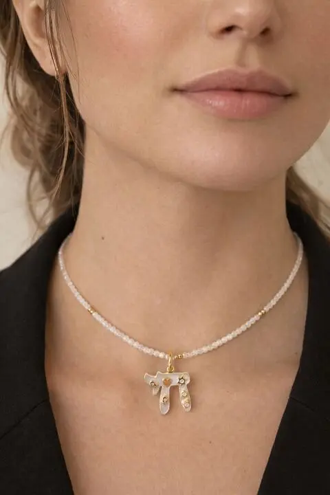 White Beaded Chai Necklace 