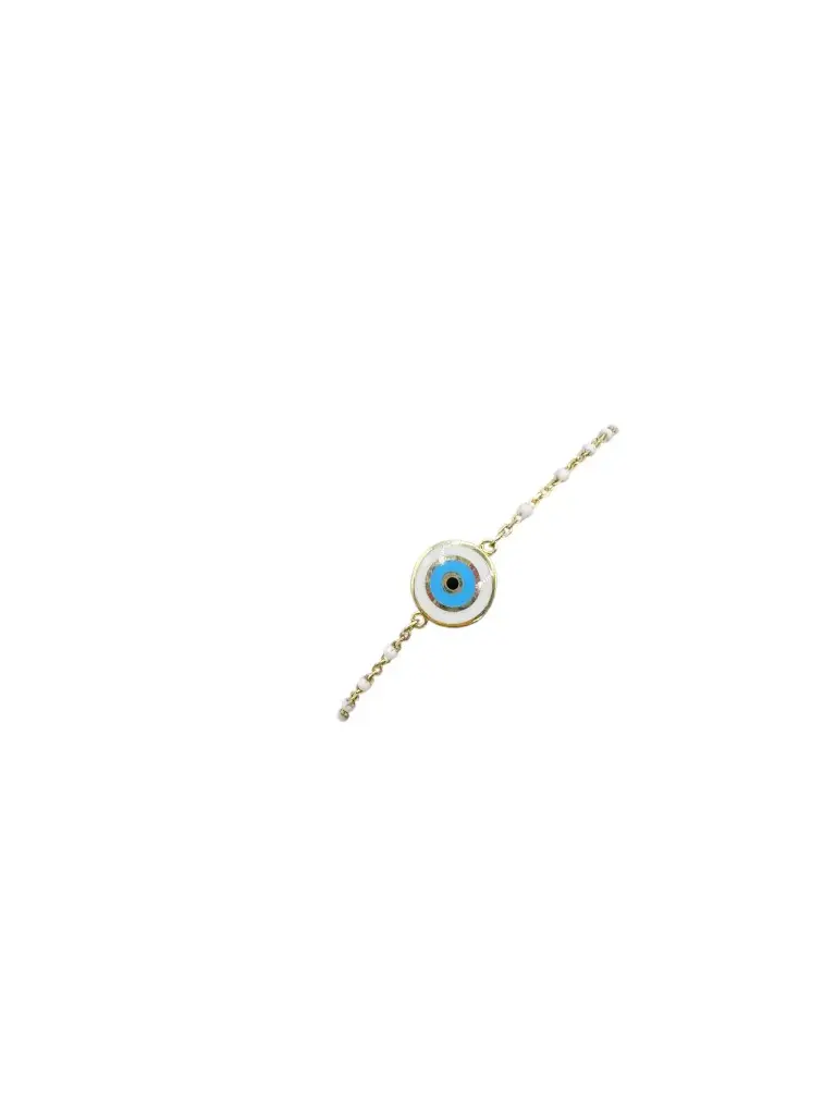 White Beaded Evil Eye 14k Gold Bracelet