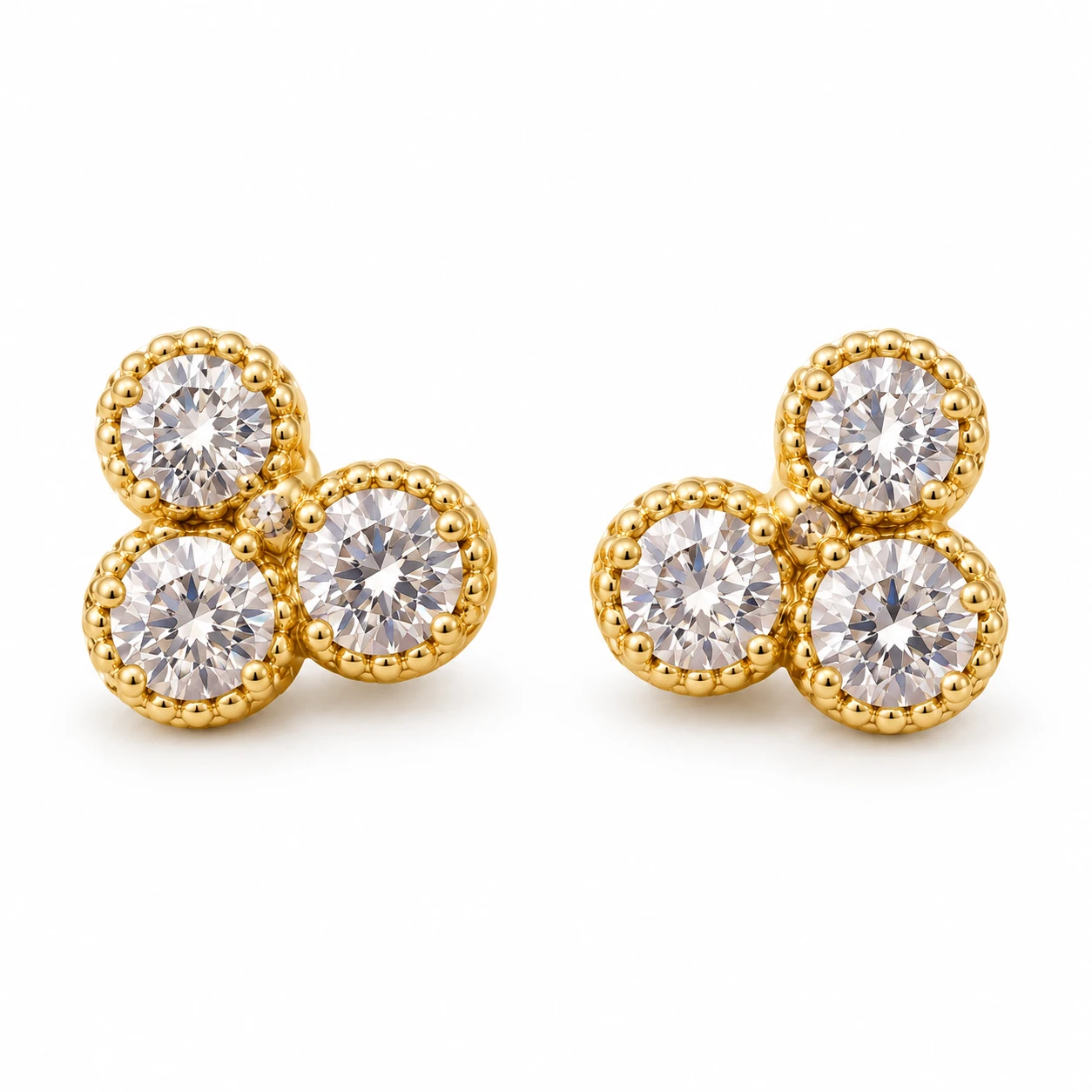 Three Cluster Stud Earrings Yellow Gold
