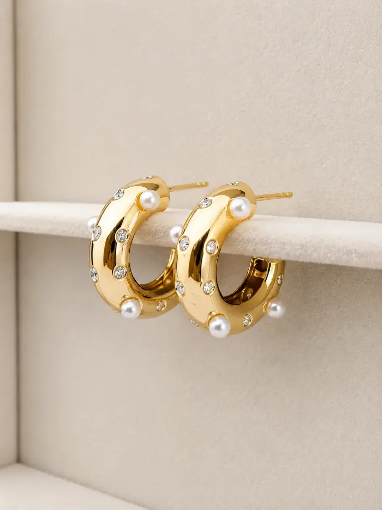 Pearl Embellished Gold Hoops