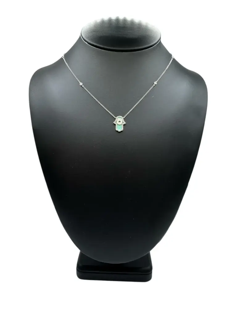 Mint Enamel Hamsa Necklace – 18k White Gold with Evil Eye & .40ctw Diamonds