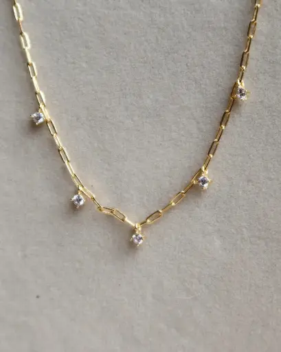 [N-PK-74] White Crystal Yellow Gold Drop Necklace