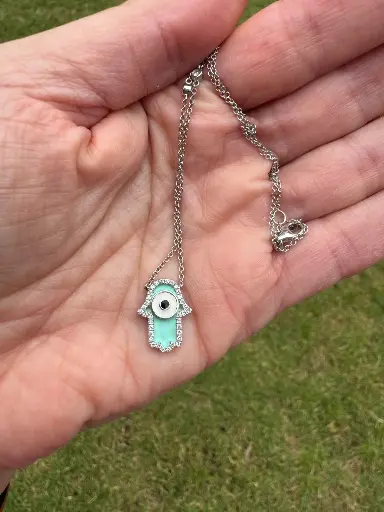 Mint Enamel Hamsa Necklace – 18k White Gold with Evil Eye & .40ctw Diamonds