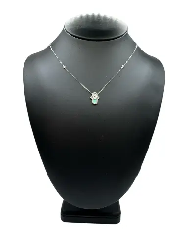 Mint Enamel Hamsa Necklace – 18k White Gold with Evil Eye & .40ctw Diamonds